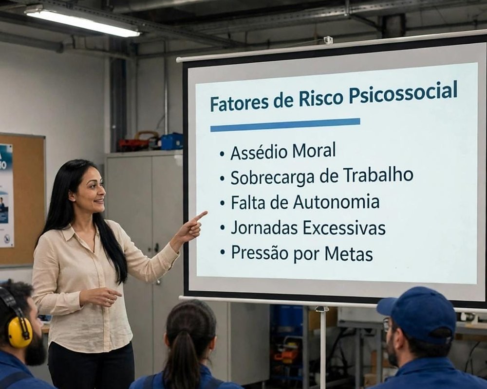 Jéssica Silva apresentando os fatores de risco psicossocial em uma empresa